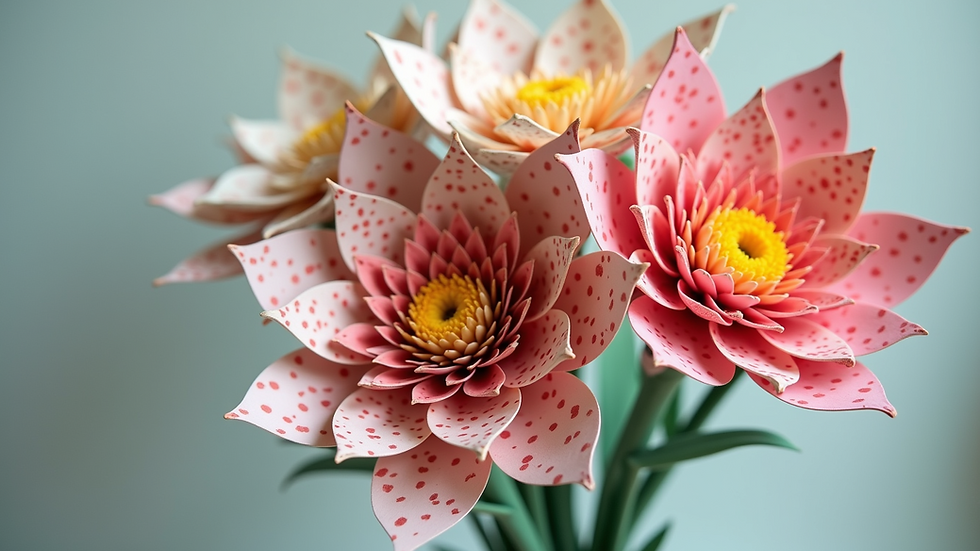 Eye-level view of a colorful paper flower bouquet made from scrapbook paper