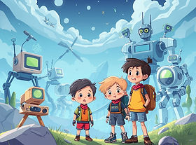 Landscape image with curious kids in a technology and robots background.jpg