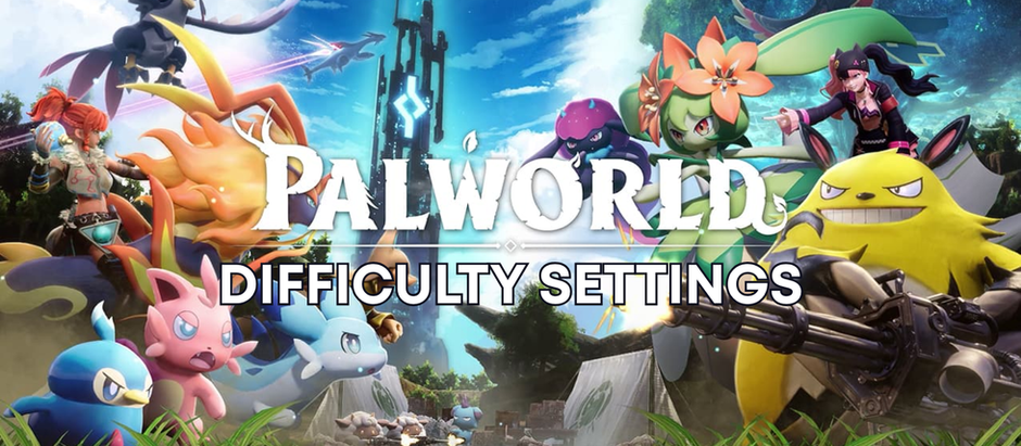 Picture of the Palworld poster (logo with the mosters on eatch side) and the text in white "Difficulty settings".