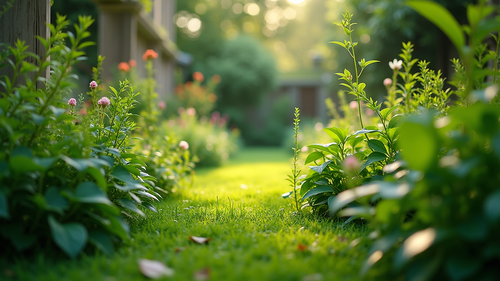 Eye-level view of a lush green garden with diverse plants