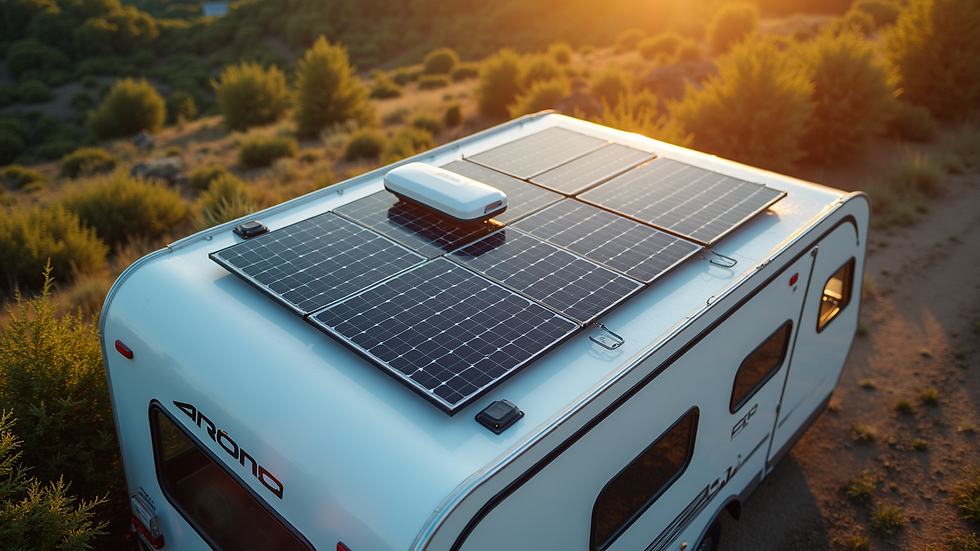 High angle view of solar panels installed on camper roof