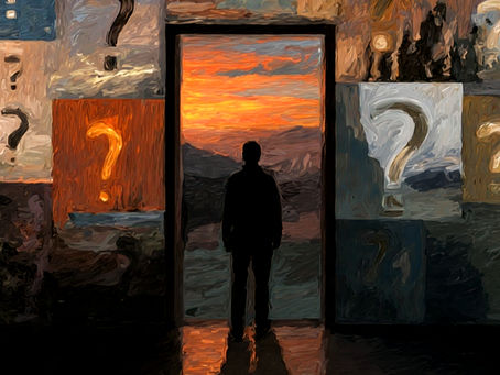imagem artística de um homem parado em frente a uma porta