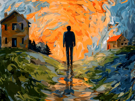 ilustração de um homem caminhado em direção a umas casas