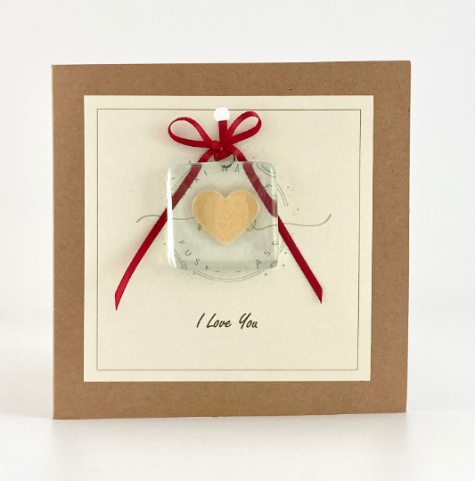 Thumbnail: I love you, card with removable fused glass keepsake. 3 Colours available