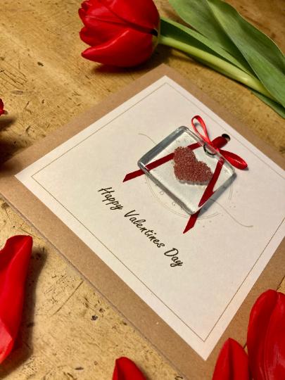 Thumbnail: Happy Valentine’s Day Card with fused glass forever keepsake. Red or Gold Heart