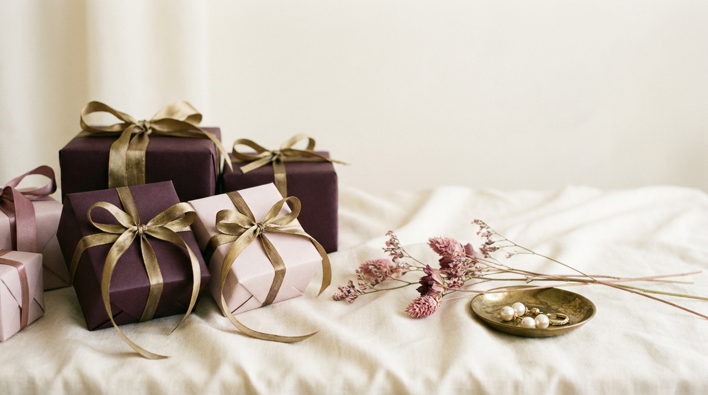 An elegant arrangement of ribbons, keepsakes, and boutique mystery box details