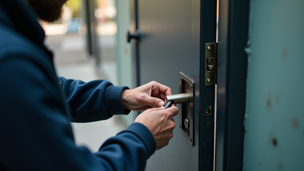 Close-up view of a locksmith installing a high-security lock on a commercial door