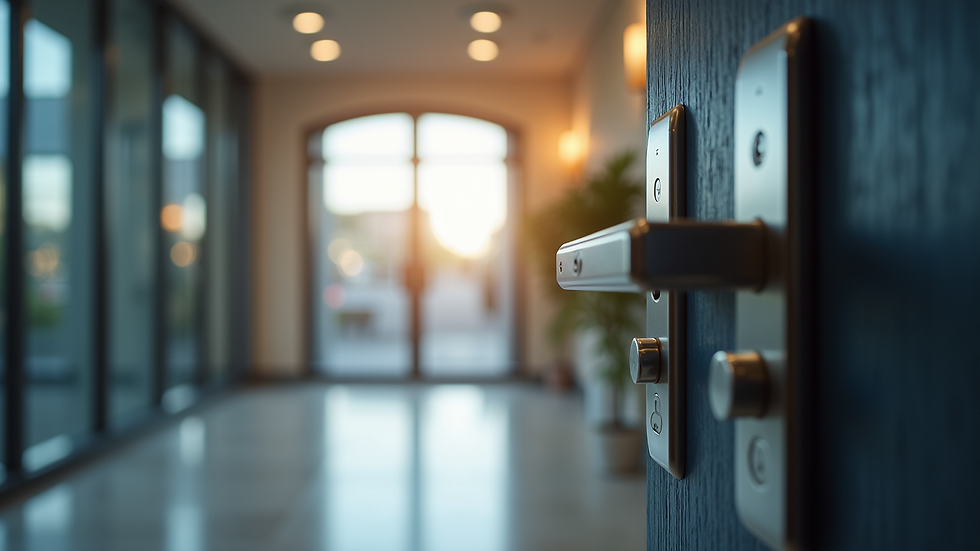 Eye-level view of a commercial building entrance with advanced security locks
