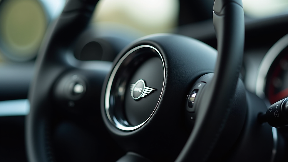 Eye-level view of a Mini Cooper key fob on a car dashboard