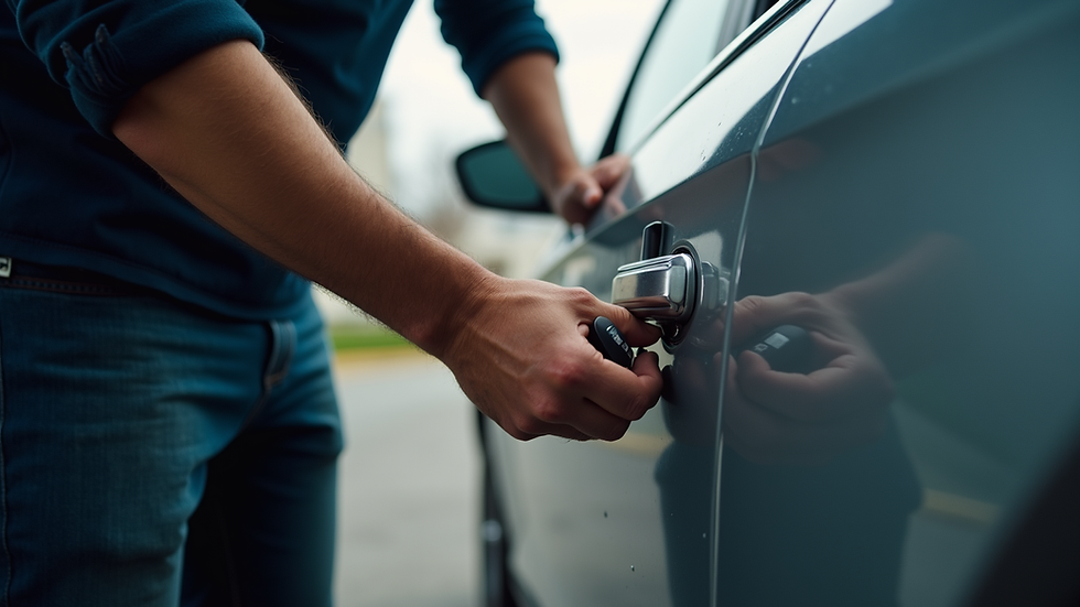 Eye-level view of a locksmith working on a car door lock