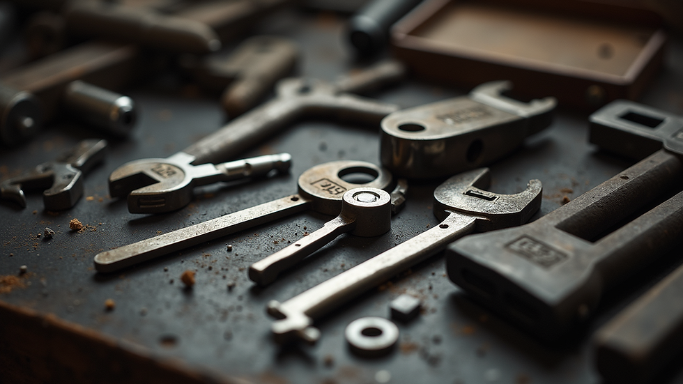 Close-up of a locksmith’s tools laid out on a workbench