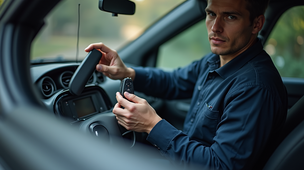 Eye-level view of a locksmith programming a car key with specialized equipment