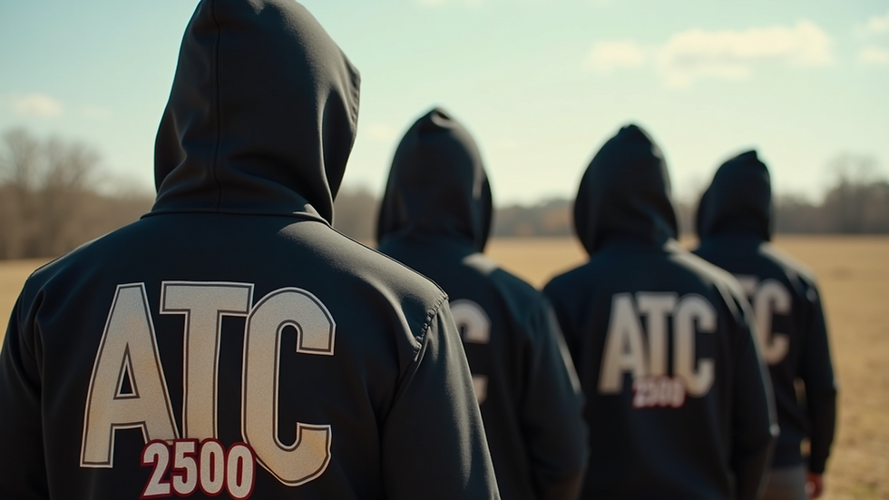High angle view of a group wearing custom ATC 2500 hoodies outdoors