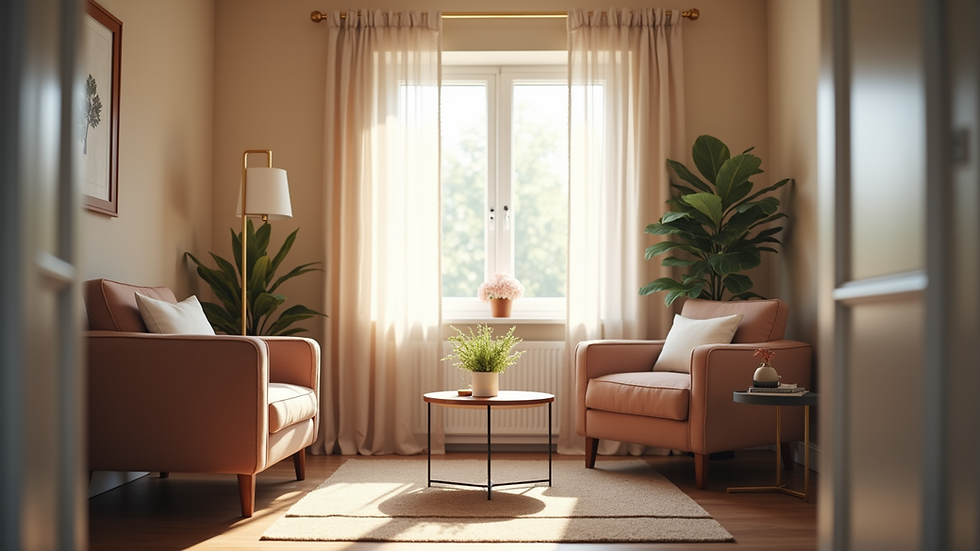Eye-level view of a cozy counselling room with soft lighting and comfortable chairs