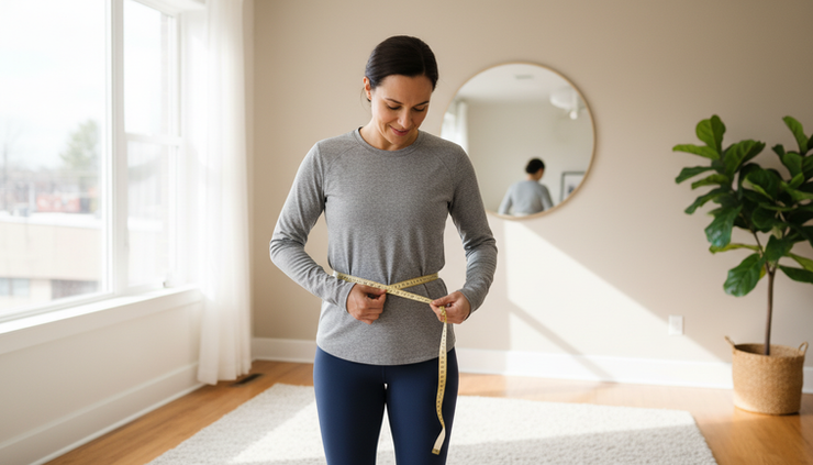 Eye-level view of a person measuring their waist with a soft tape measure