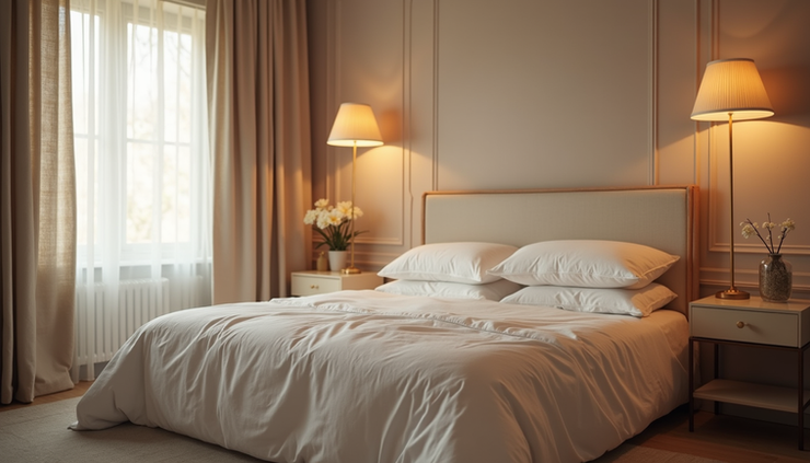 Eye-level view of a cozy bedroom with soft lighting and a neatly made bed