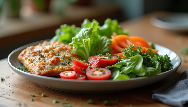 Eye-level view of a colorful plate filled with fresh vegetables and lean protein