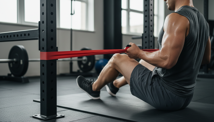 Close-up of a resistance band anchored around a rack while an athlete performs a controlled seated row