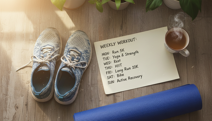 Overhead view of running shoes beside a handwritten weekly workout plan.