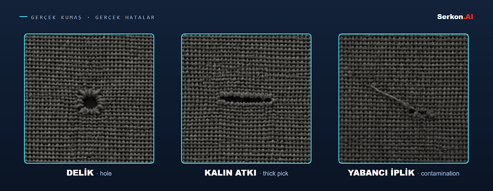 Üç gerçek kumaş hatasının yakın planı: delik (hole), kalın atkı (thick pick), yabancı iplik (contamination)