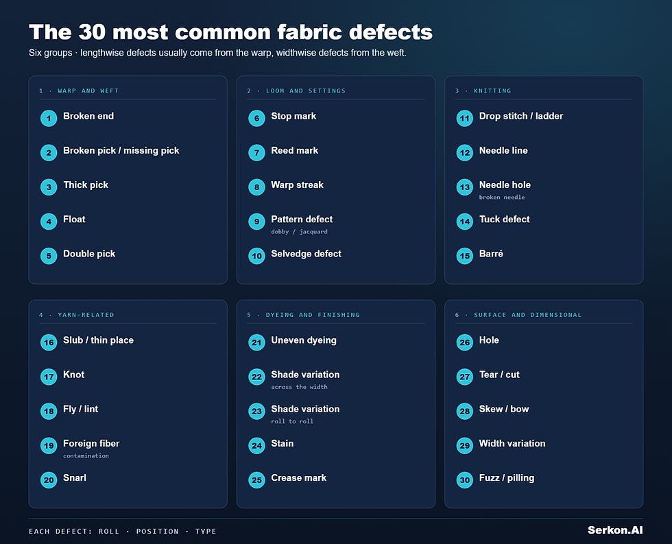 The 30 most common fabric defects in six groups — infographic