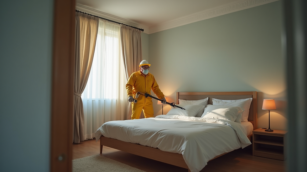 Eye-level view of a pest control technician inspecting a bedroom