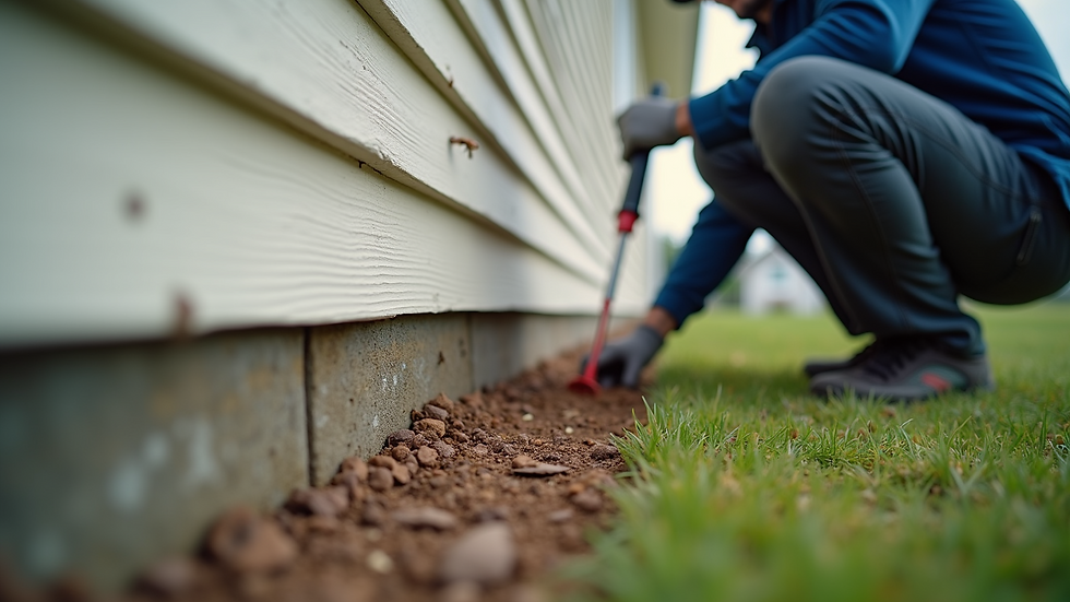 Eye-level view of a pest control technician applying treatment around a home foundation