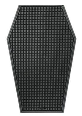 Coffin Coffee Bar Mat. Black hexagonal rubber mat with small rectangular patterns.