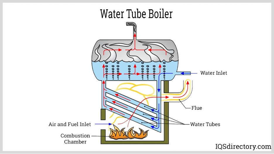 Watertube boiler system with water circulating through tubes surrounded by hot combustion gases for steam production