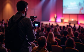 a cameraman recording live video in a hotel ballroom.