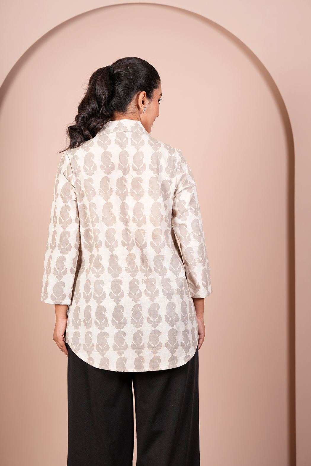 Grey Paisley Cotton Long Shirt