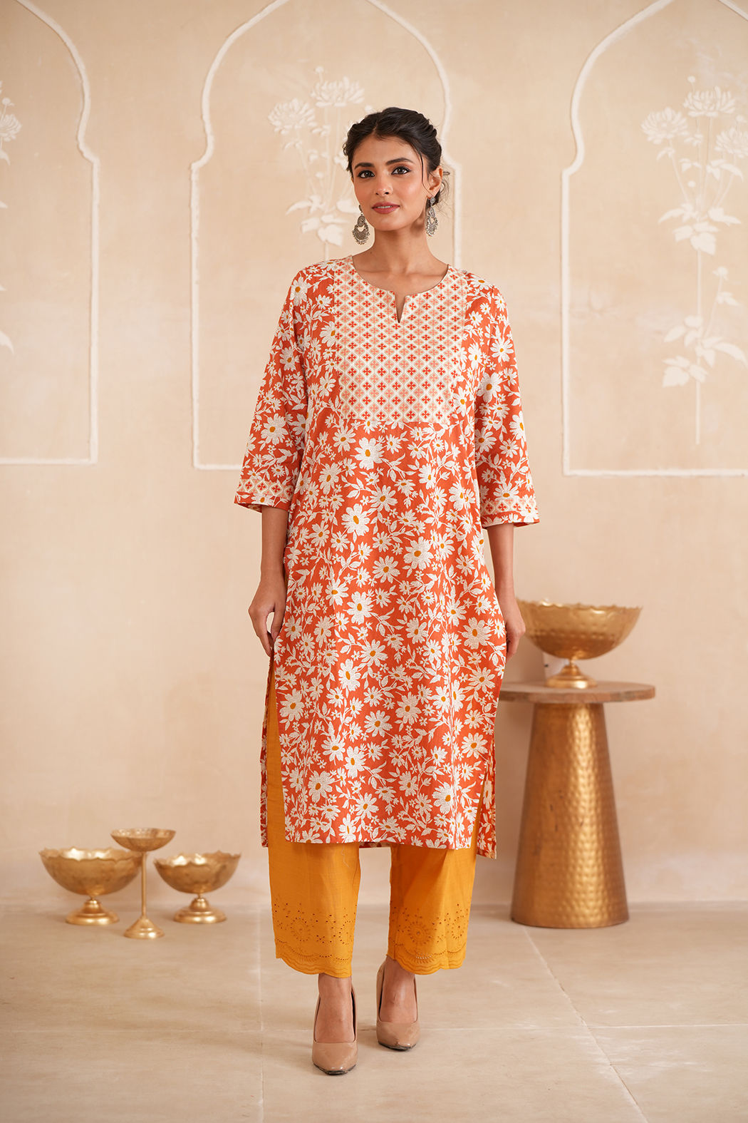 Peach Floral Cotton Kurta