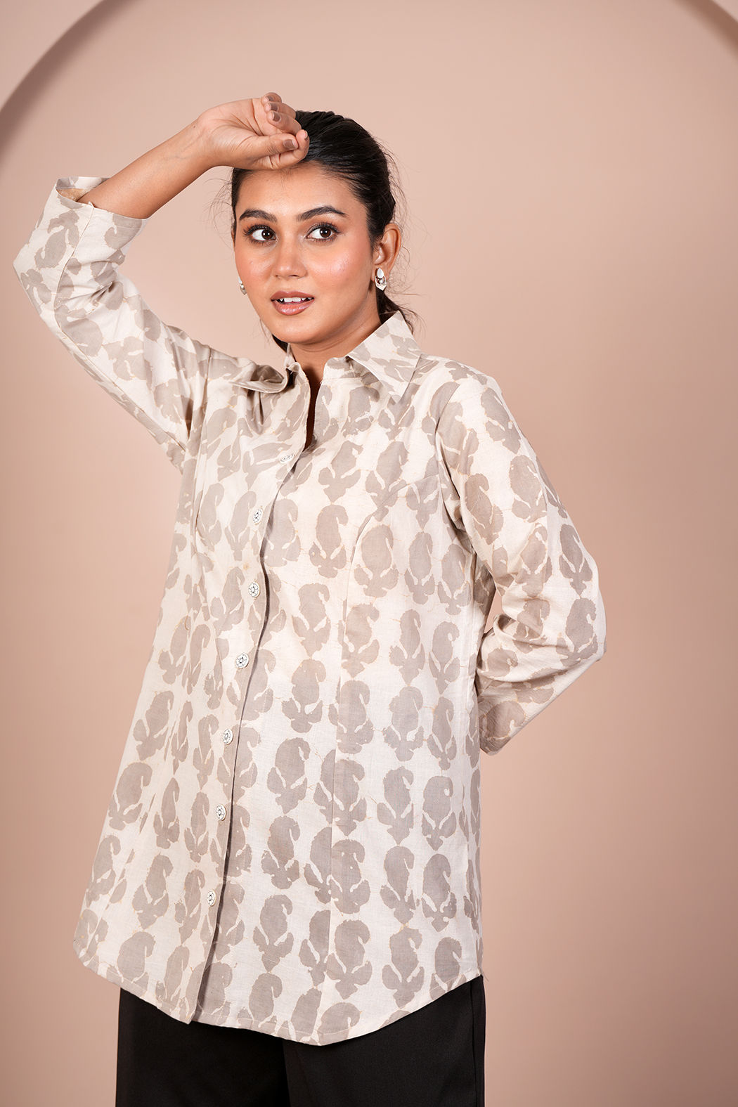 Grey Paisley Cotton Long Shirt