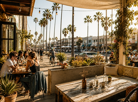 Terrasse d'un coffee shop en Californie, bordée de palmiers, illustrant l'art de vivre californien lors d'un road trip sur la côte Pacifique.