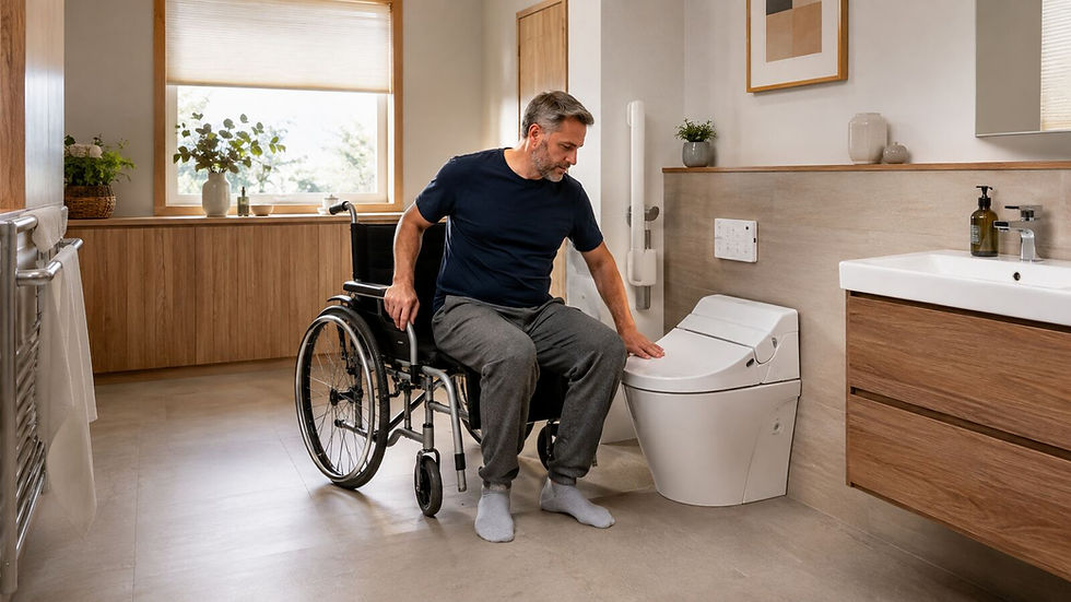Wheelchair user beside a modern wash-and-dry toilet with clear lateral transfer space, reachable controls and level flooring