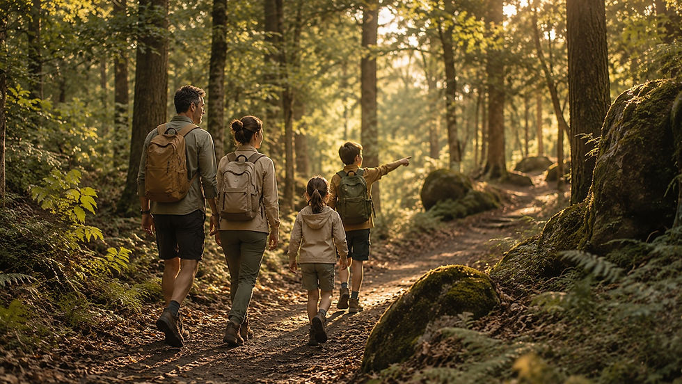 Famille en randonnée dans la forêt de Fougères