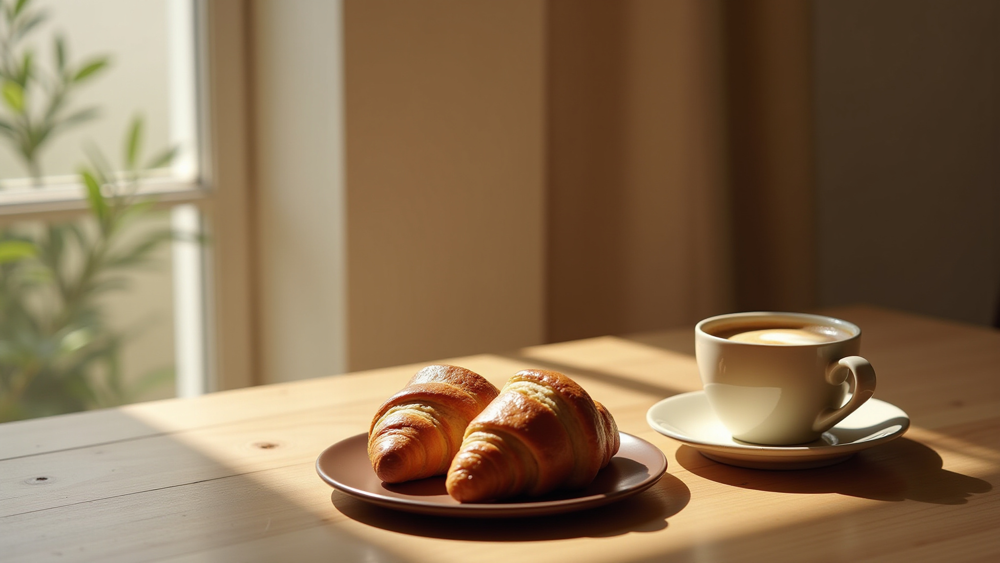Two golden croissants and a coffee cup on a sunlit wooden table.