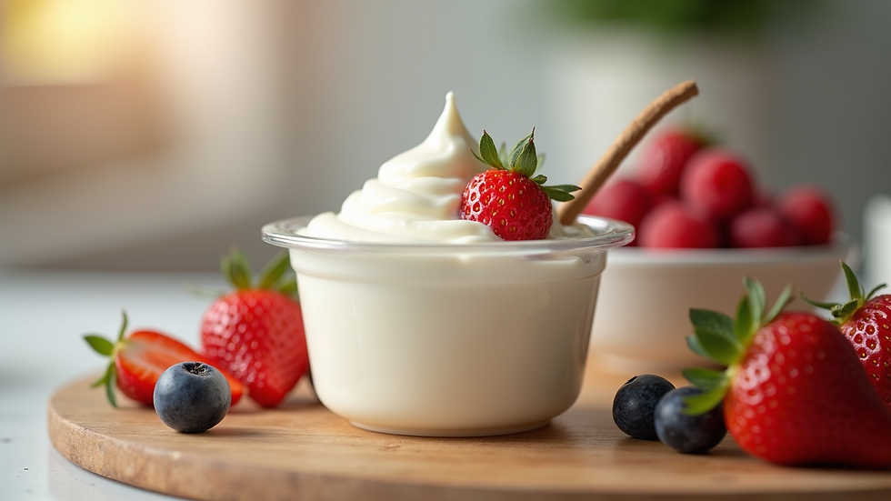 Close-up view of a probiotic yogurt container with fresh fruits