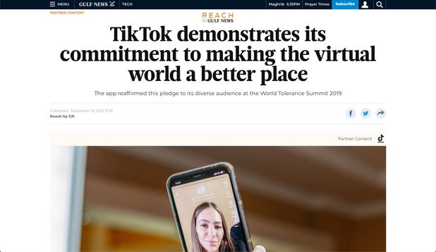 ARTICLE IN GULF NEWS AT THE WORLD TOLERANCE SUMMIT WITH TIK TOK ARABIA 19/11/2019