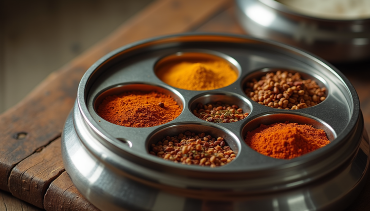 High angle view of a traditional Indian masala dabba with multiple spice compartments