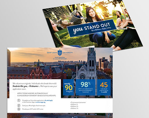A mock-up showing a front and back of a postcard that invites students to apply to St. Louis University.