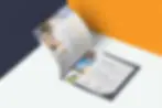 A square booklet on a white, orange, and navy background that is flipped open to the first inside spread.
