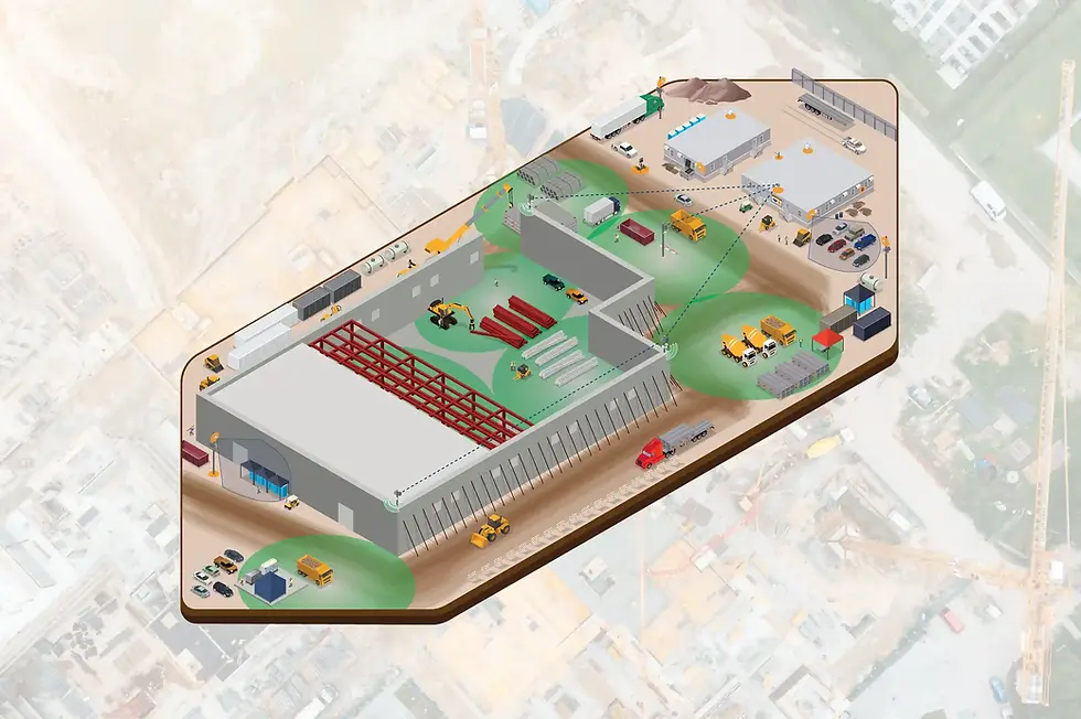 A graphic of a data center construction site built in isometric view.