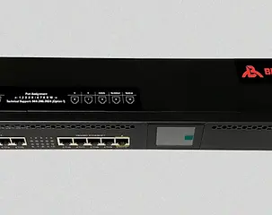A long black box-shaped internet router on a light gray background.