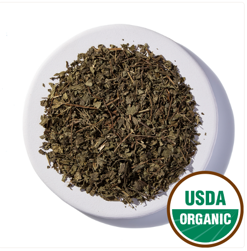 Loose lemon balm for use in teas and medicine. Organic label is pictured.