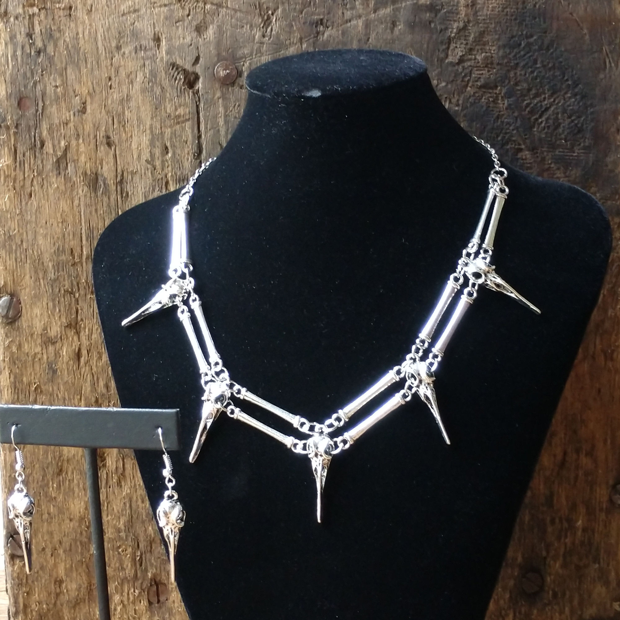 Raven skull stainless steel necklace and earring set