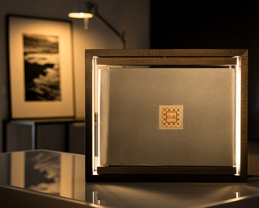 RECORDIA wedding album inside an elegant plexiglass box