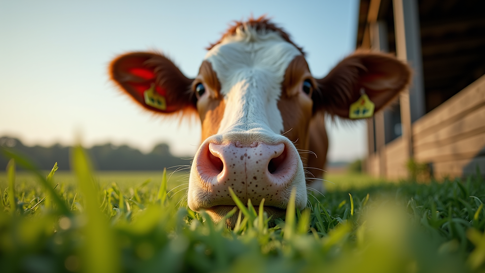 Eye-level view of a cow eating fresh green fodder in a farm