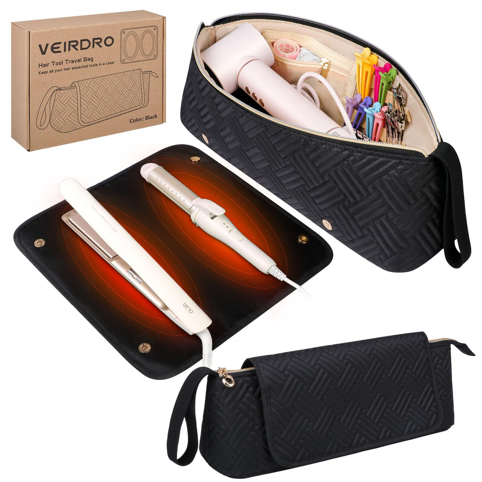 Veirdro Hair Tools Travel Bag with Heat Resistant Mat Portable Hair Tool Organiz
