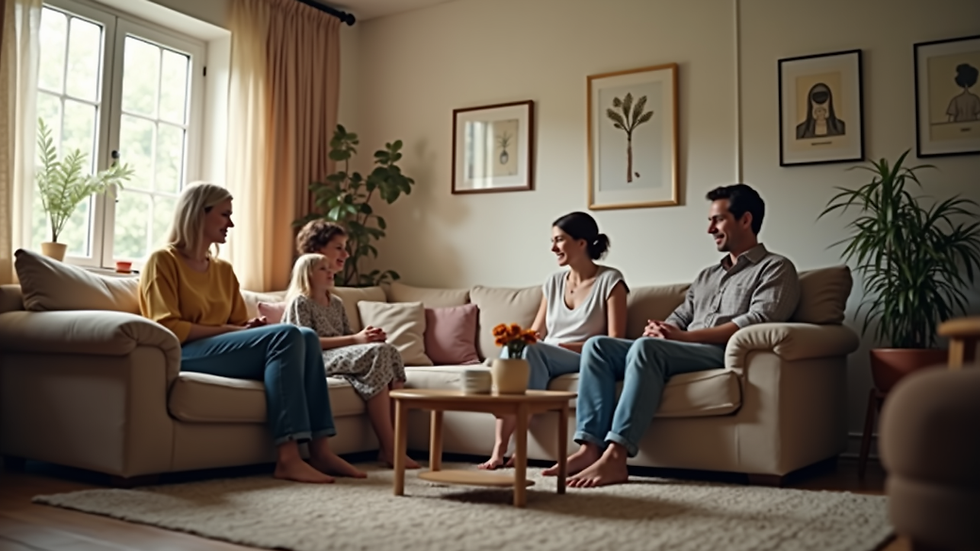 Eye-level view of a cozy family living room with a parenting coach and parents discussing strategies